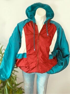 v i n t a g e :: Y2K Colorblock Hooded Nylon Windbreaker Varsity Jacket